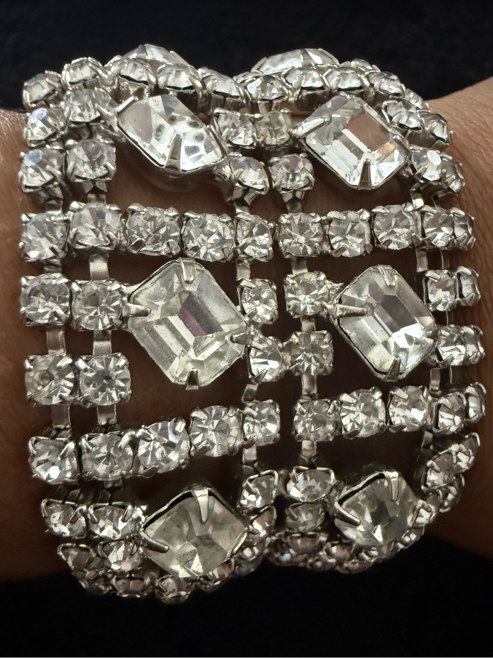 Vintage 1950s Wide Rhinestone Bracelet Emerald Cut Crystal Statement 7.5”